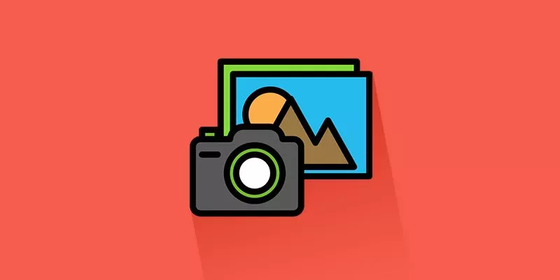 Ilustração de uma câmera com fotos Polaroid